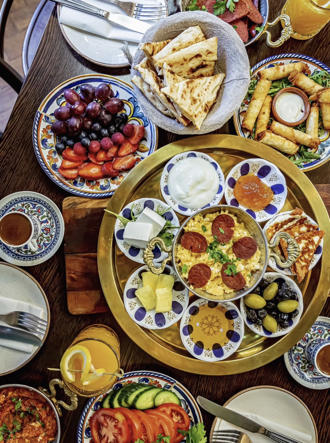 Turkish breakfast plate with sucuk, cheese and olives